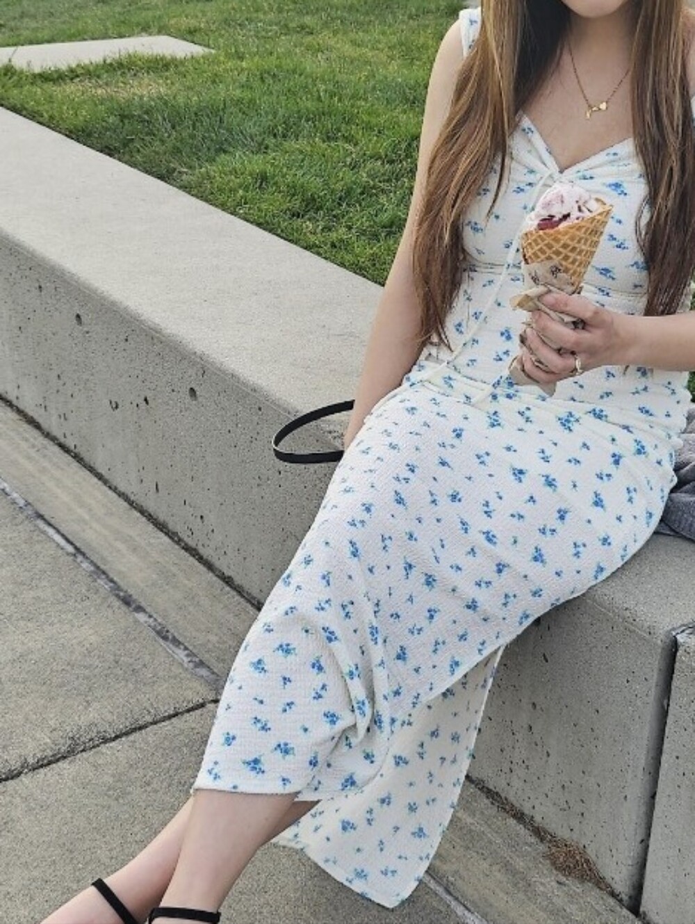 White Floral Midi Dress with Blue Blossoms